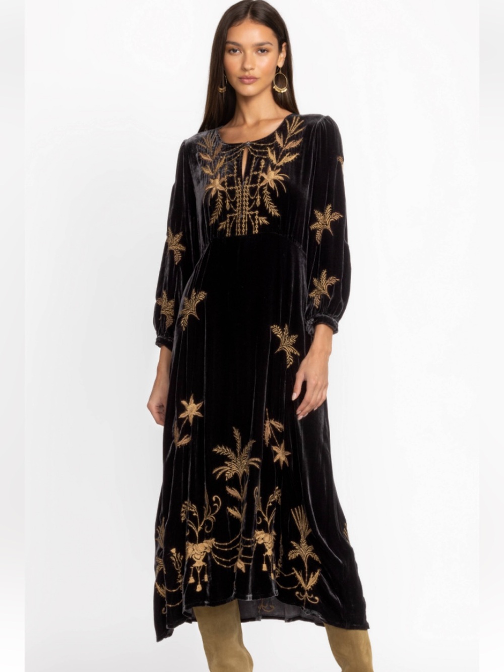 Johnny Was Black Velvet Dress with Gold Floral Embroidery